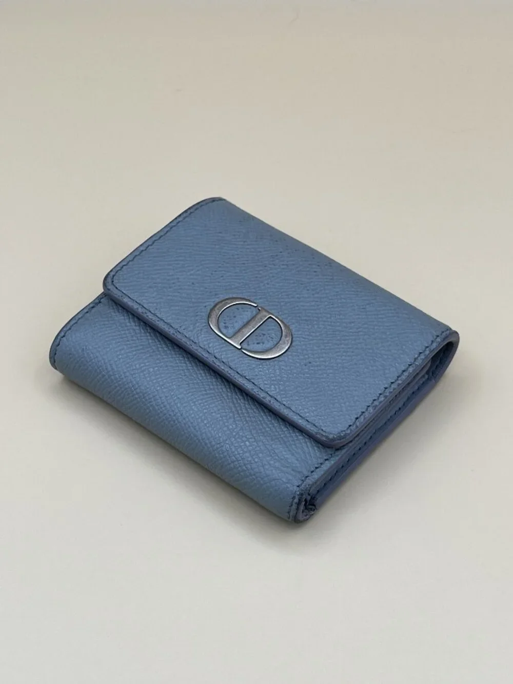 Christian Dior Light Blue Grained Leather CD Logo Compact Wallet Silver Hardware